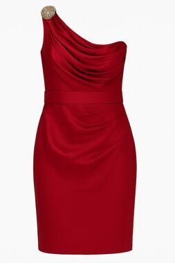 Marchesa Notte Red One-Shoulder Rhinestone Embellished Draped Dress Size 6